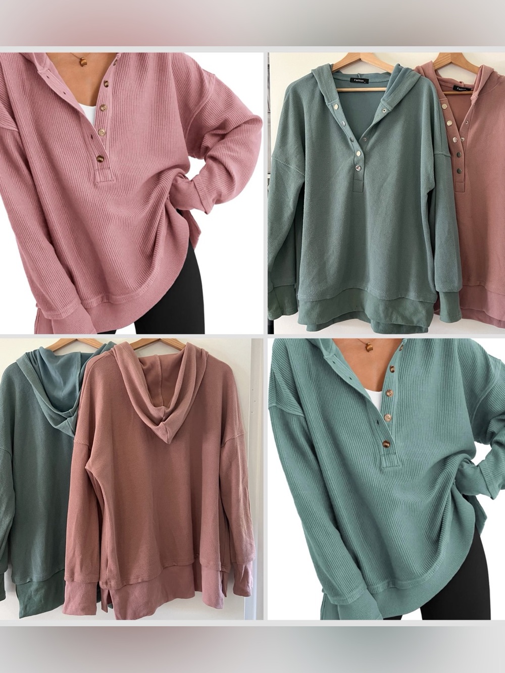 2 Cozy Ribbed Henley Hoodies - Pink and Teal